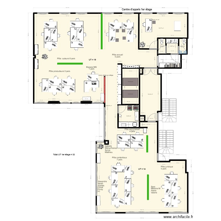 Plan 1er étage centre d'appels-08.2024-15. Plan de 11 pièces et 286 m2