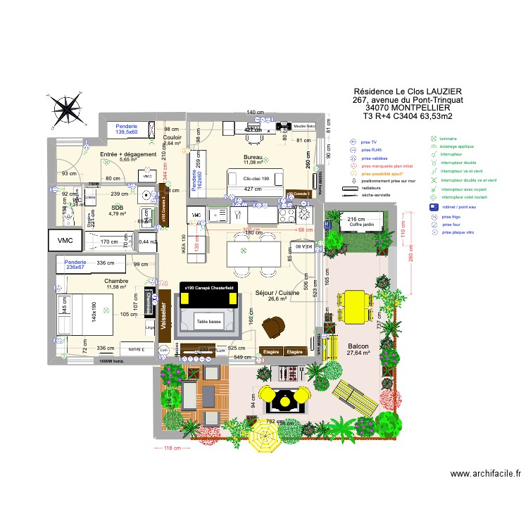 T3 C3404 _ Résidence Le Clos Lauzier 4 (cuisine 3m console 2). Plan de 8 pièces et 91 m2