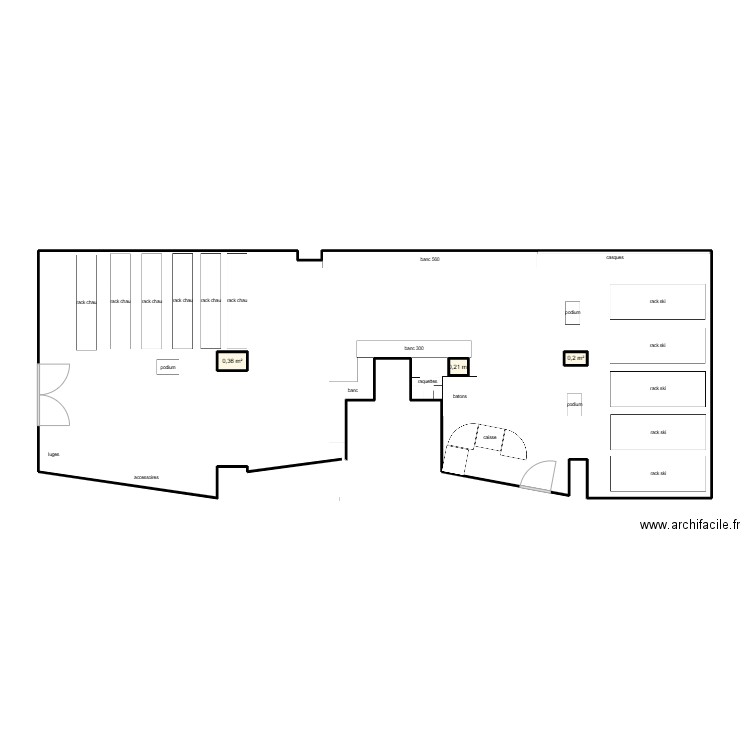 magasin. Plan de 3 pièces et 1 m2