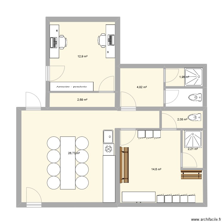 pièces de vie + bureau v4. Plan de 8 pièces et 68 m2