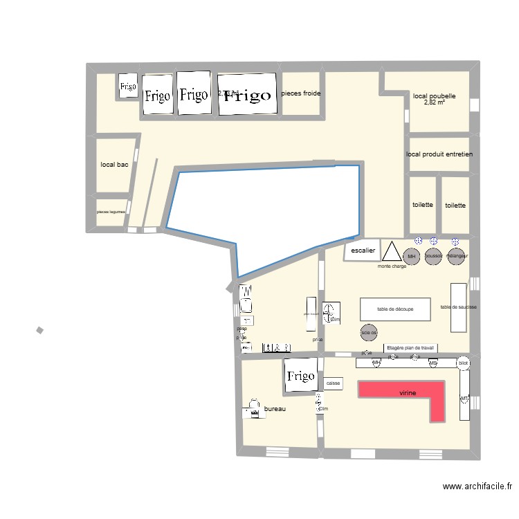 plan boucherie. Plan de 16 pièces et 67 m2