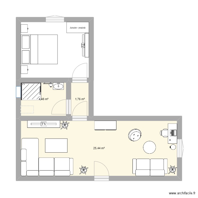 Suite. Plan de 3 pièces et 32 m2