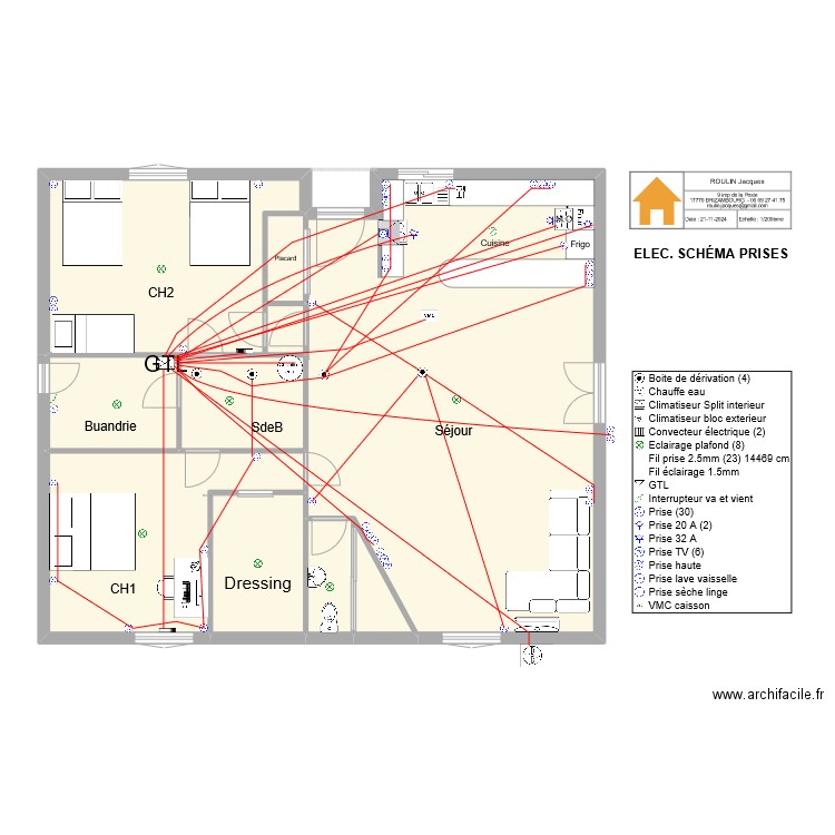 ELEC Schema Prises. Plan de 10 pièces et 126 m2