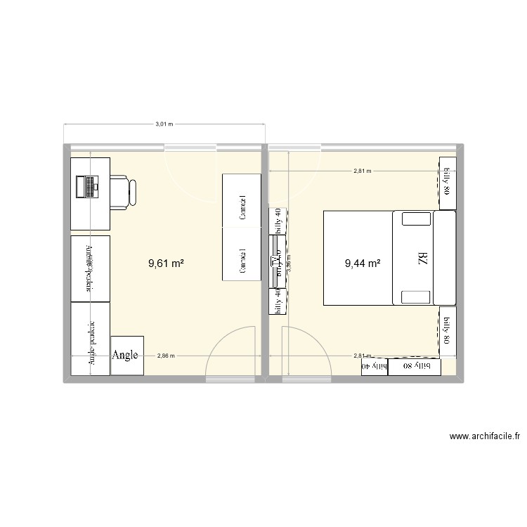 MIQUEL. Plan de 2 pièces et 19 m2