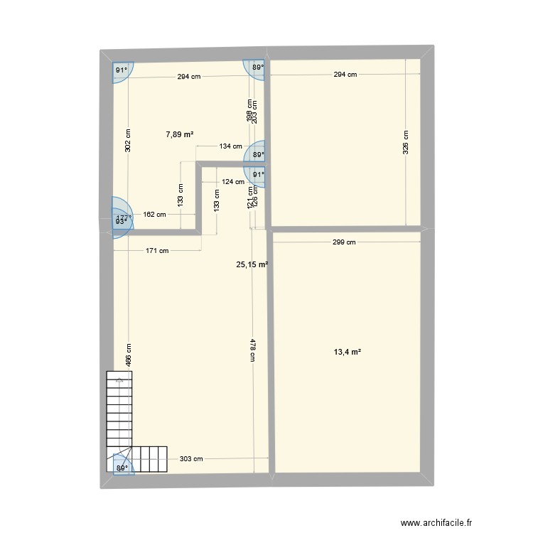 rdc. Plan de 3 pièces et 46 m2