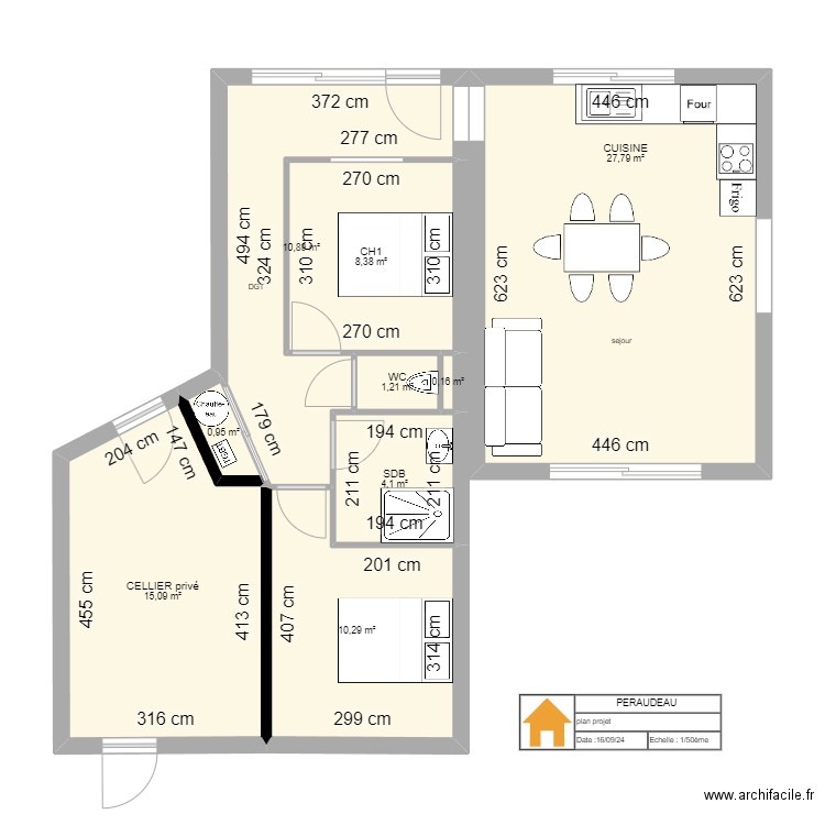 PERAUDEAU. Plan de 9 pièces et 79 m2