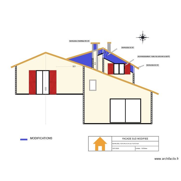 FACADE SUD APRES TVX 1. Plan de 9 pièces et 45 m2