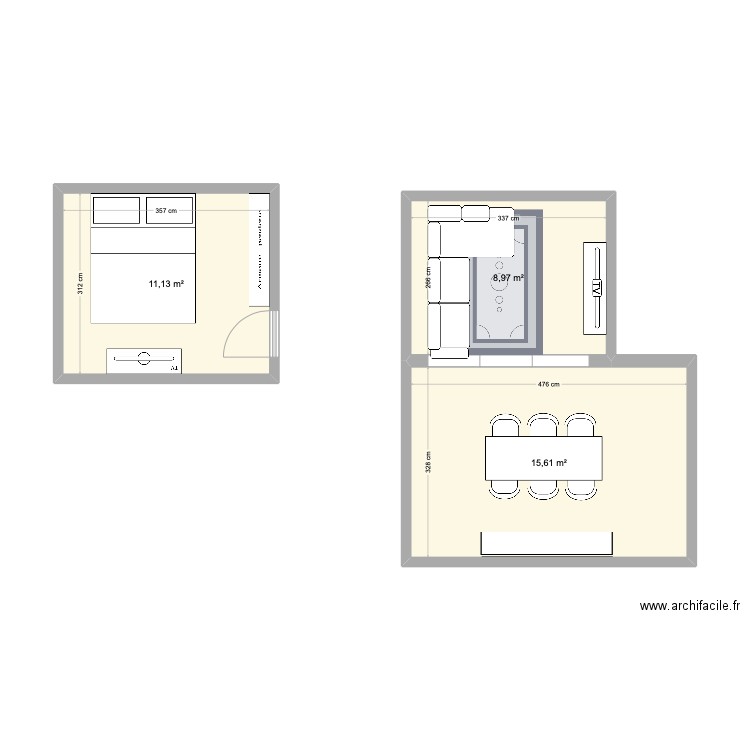 Chambre 1 et Séjour. Plan de 3 pièces et 36 m2