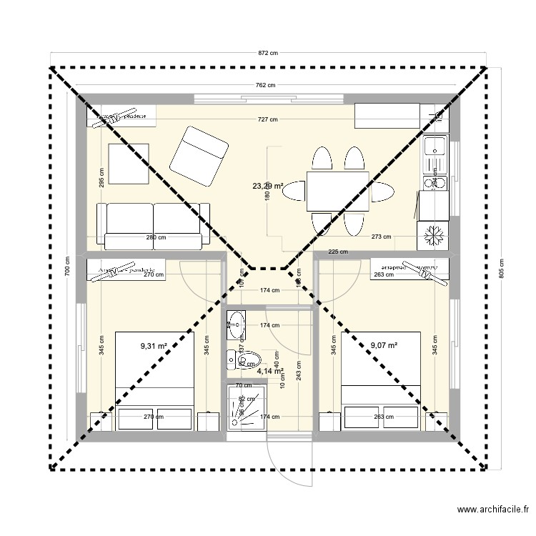 bungalow 2 chambres SMALL. Plan de 4 pièces et 46 m2