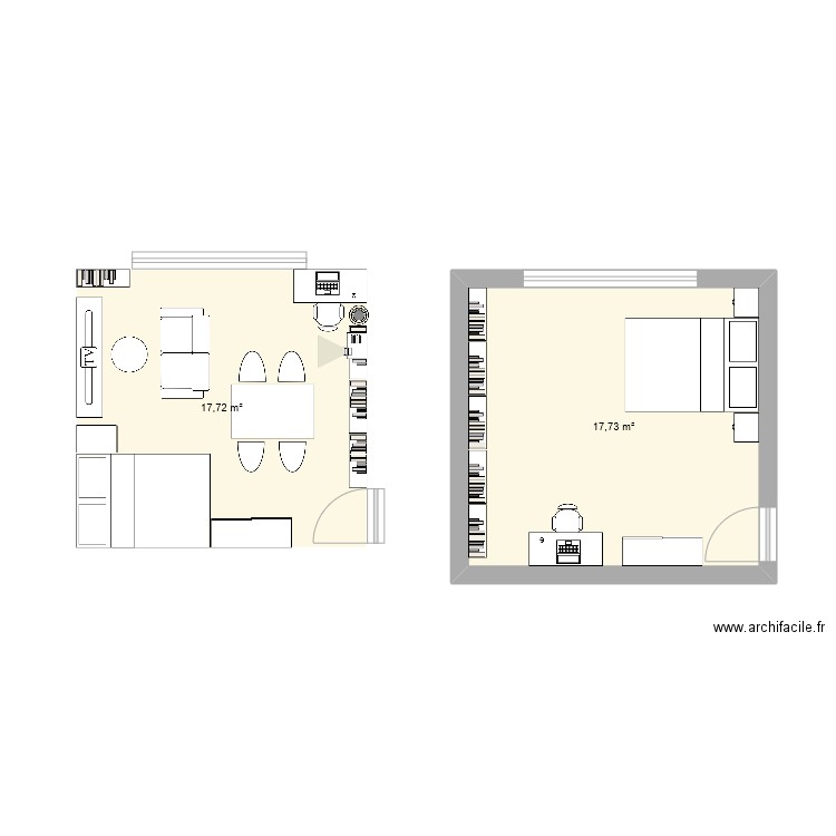 Chambre. Plan de 2 pièces et 35 m2