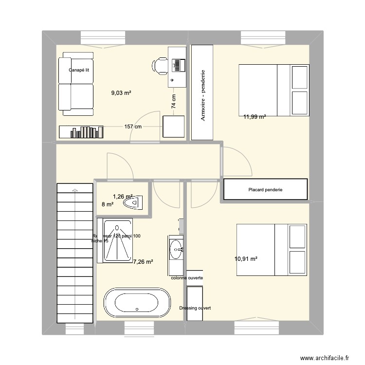 ETAGE. Plan de 6 pièces et 48 m2