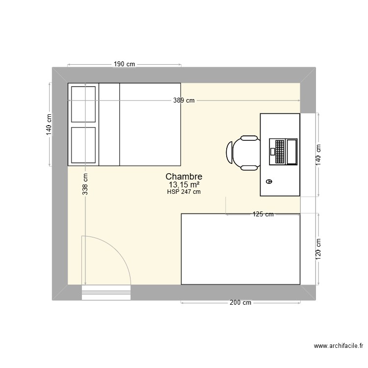 Chambre Jean. Plan de 1 pièce et 13 m2