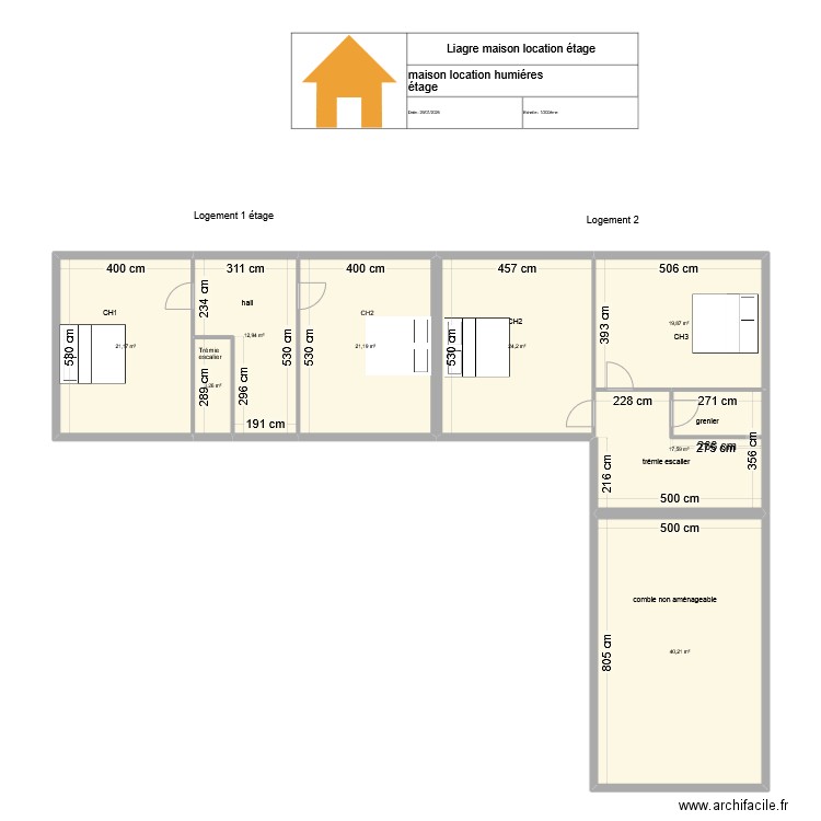 Liagre maison location humiéres étage. Plan de 8 pièces et 160 m2