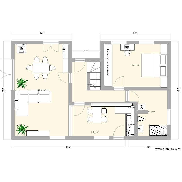 rez de chaussée test 01. Plan de 7 pièces et 73 m2