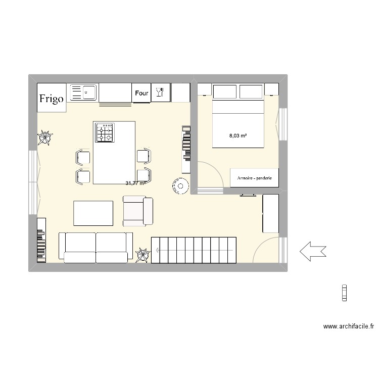 Etage . Plan de 2 pièces et 40 m2