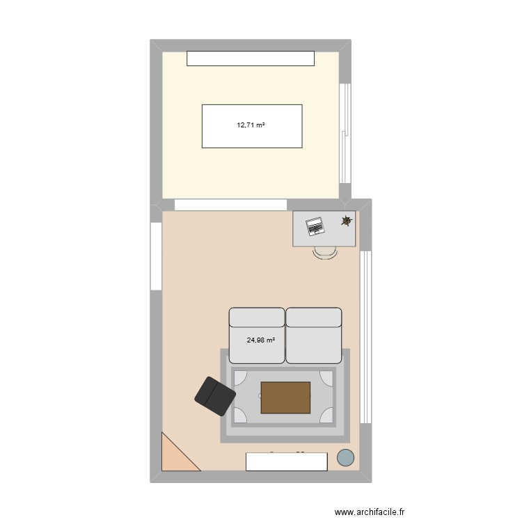 Salon + salle à manger. Plan de 2 pièces et 38 m2