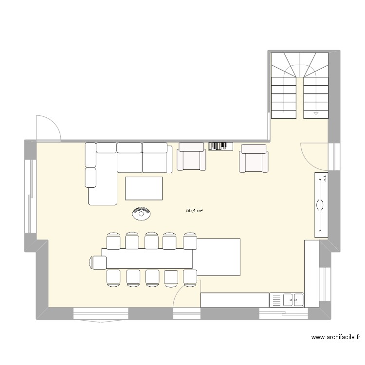 Salon-cuisine idée 1. Plan de 1 pièce et 55 m2