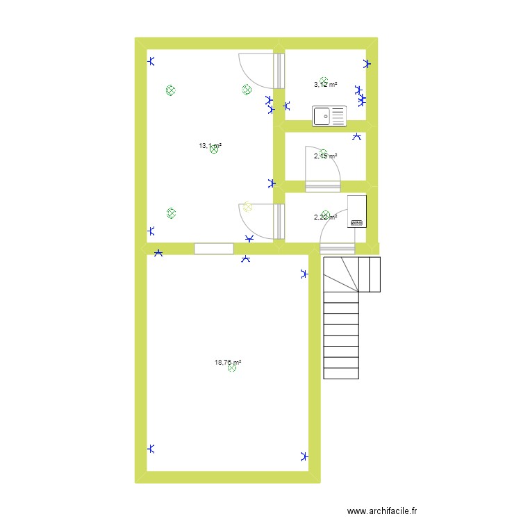 1 etage. ruman. Plan de 5 pièces et 39 m2