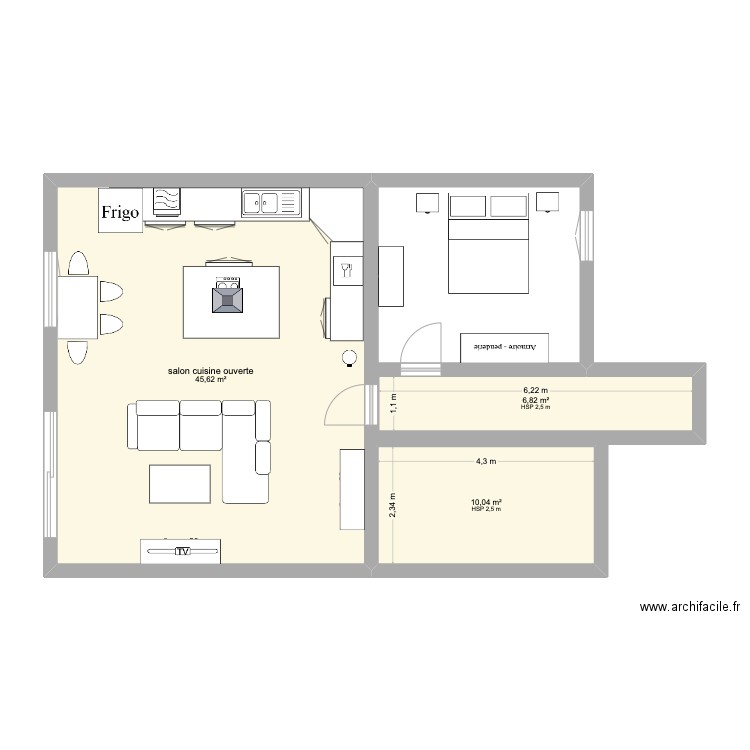 maison. Plan de 3 pièces et 62 m2