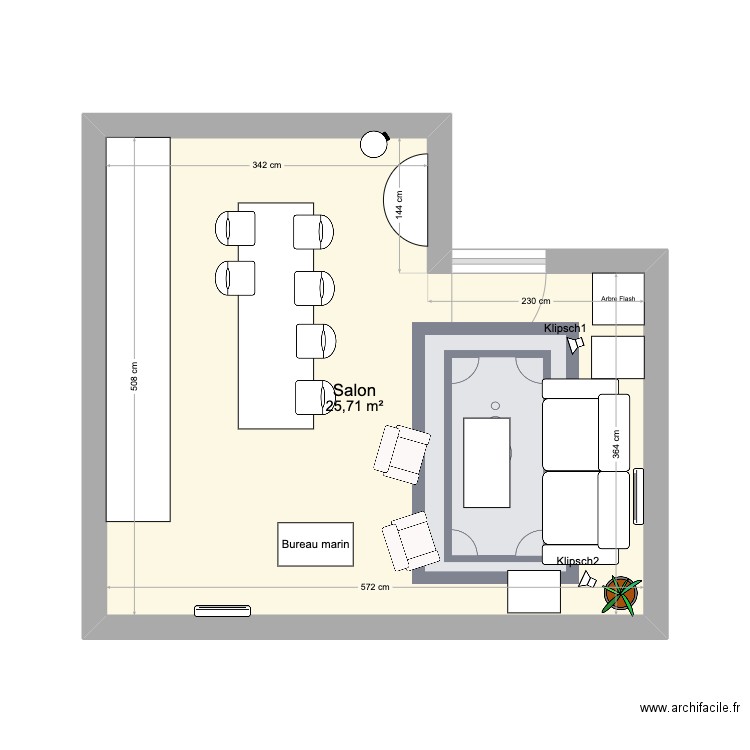 Salon Fives état actuel. Plan de 1 pièce et 26 m2