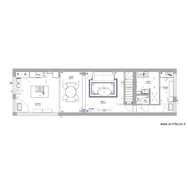 Maison - RDC meublé. Plan de 7 pièces et 65 m2