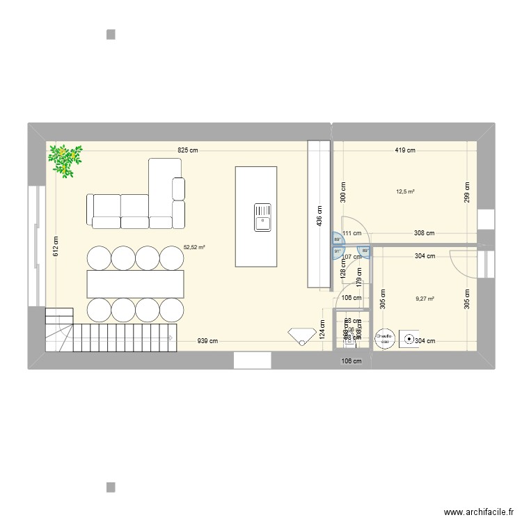 rez de chaussé. Plan de 4 pièces et 75 m2