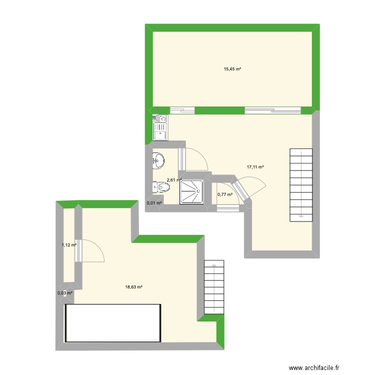 Studio mezzanine. Plan de 8 pièces et 56 m2