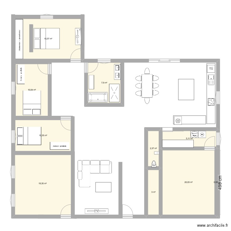 Maison en L. Plan de 10 pièces et 95 m2