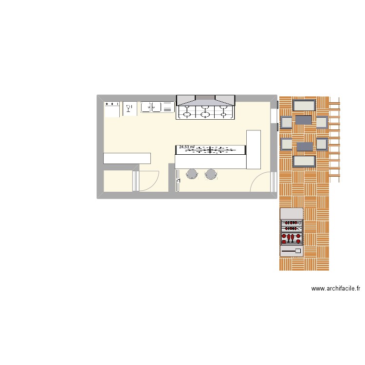 rotisserie. Plan de 1 pièce et 25 m2