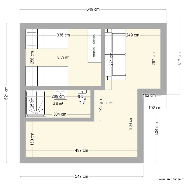 30m2. Plan de 3 pièces et 30 m2