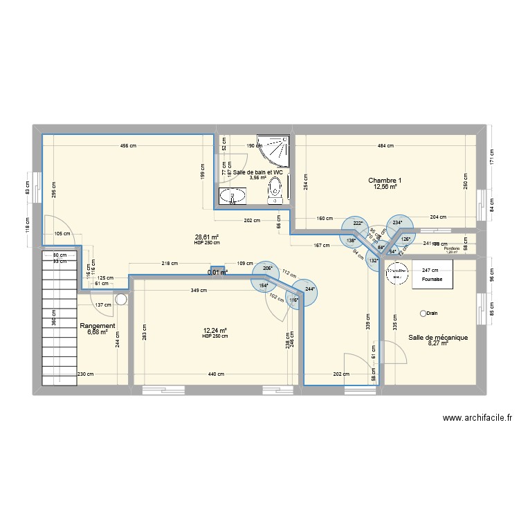 sous sol aménagé V2. Plan de 8 pièces et 73 m2