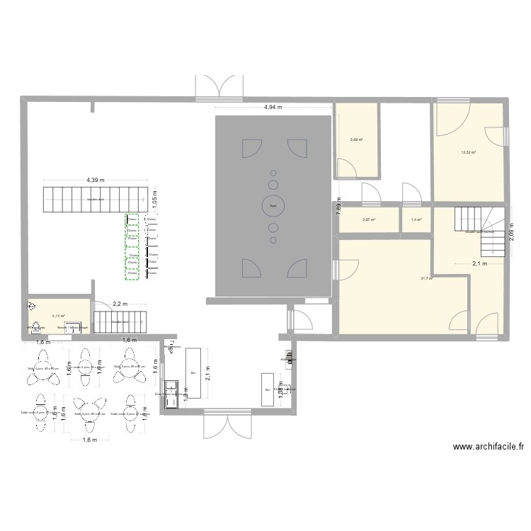 215 aménagé. Plan de 6 pièces et 58 m2