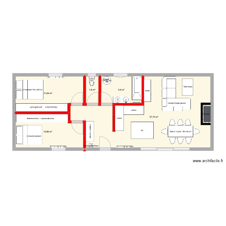 70m2. Plan de 5 pièces et 68 m2