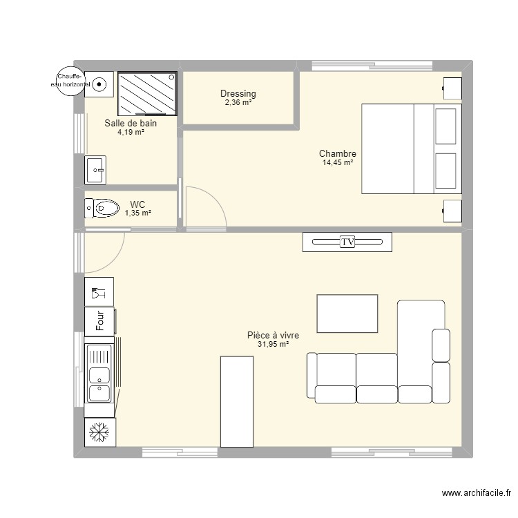 labo. Plan de 5 pièces et 54 m2