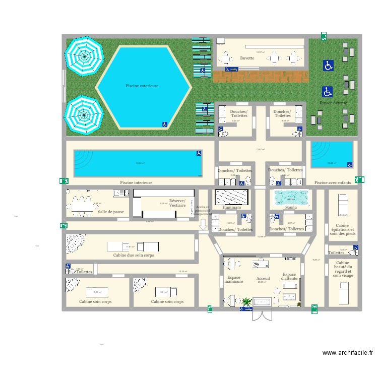 Plan travail spa hammam esth. Carole anne 28/08/2024. Plan de 26 pièces et 245 m2