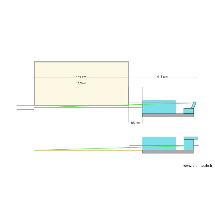 Plage et terrasses V3 2 possibilités. Plan de 3 pièces et 18 m2