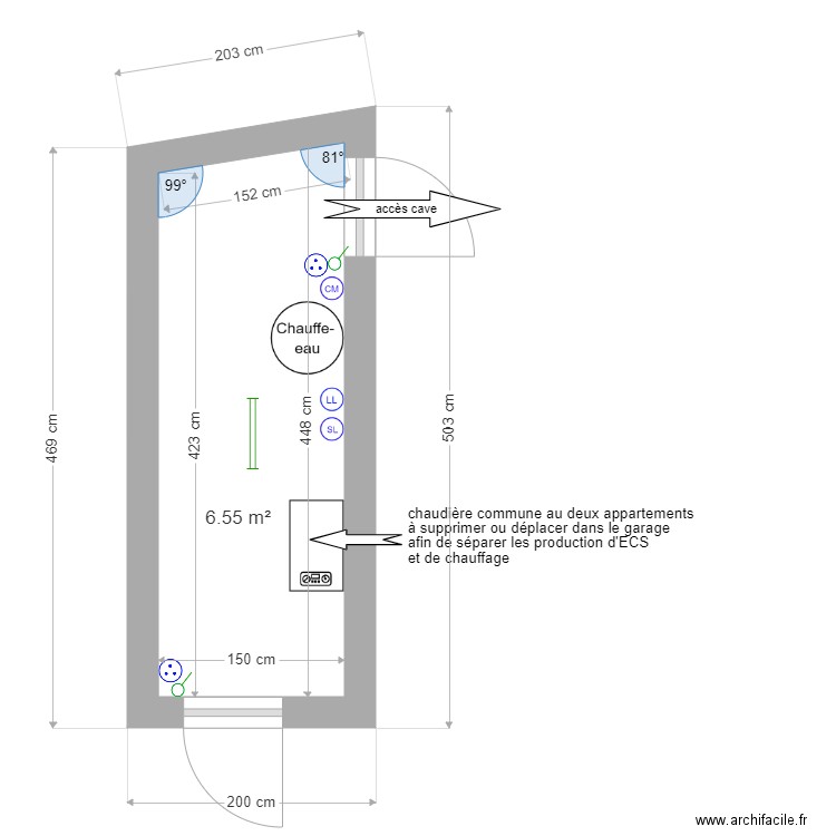 buanderie. Plan de 1 pièce et 7 m2