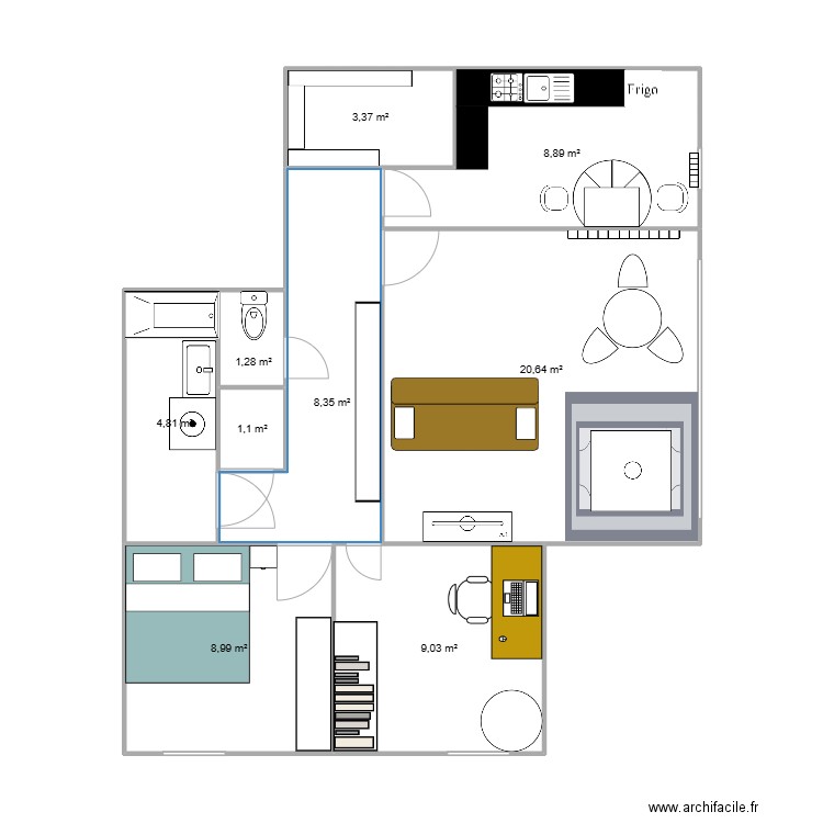 appart triangle. Plan de 9 pièces et 66 m2