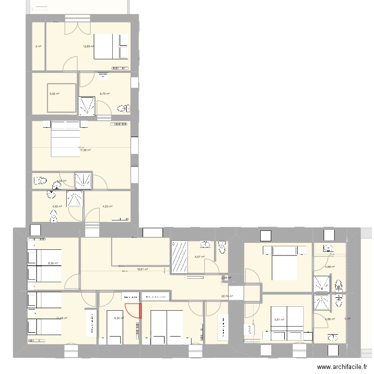 2026_Gîte du Menhir_Réaménagement_04. Plan de 35 pièces et 345 m2