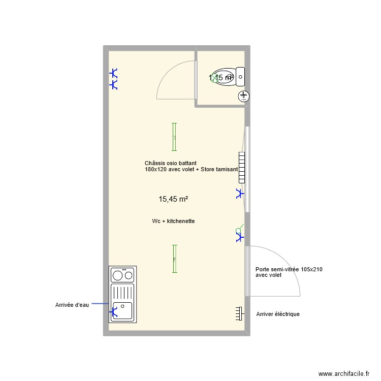 du bois dewance refectoire. Plan de 2 pièces et 17 m2