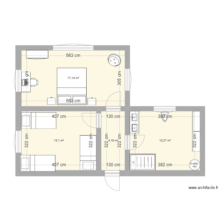 Chambre 1er étage. Plan de 4 pièces et 47 m2