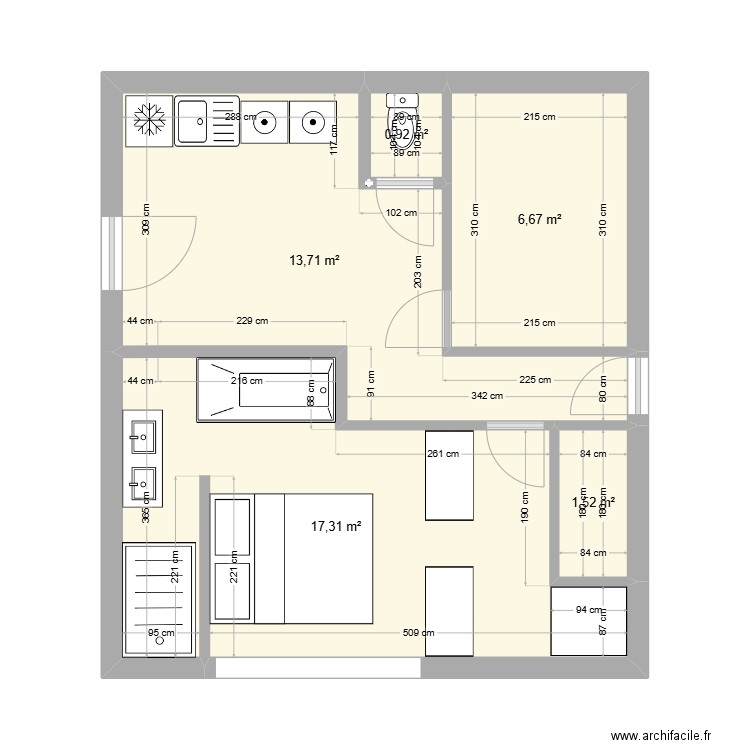 Suite parentale buanderie sde v9. Plan de 5 pièces et 40 m2