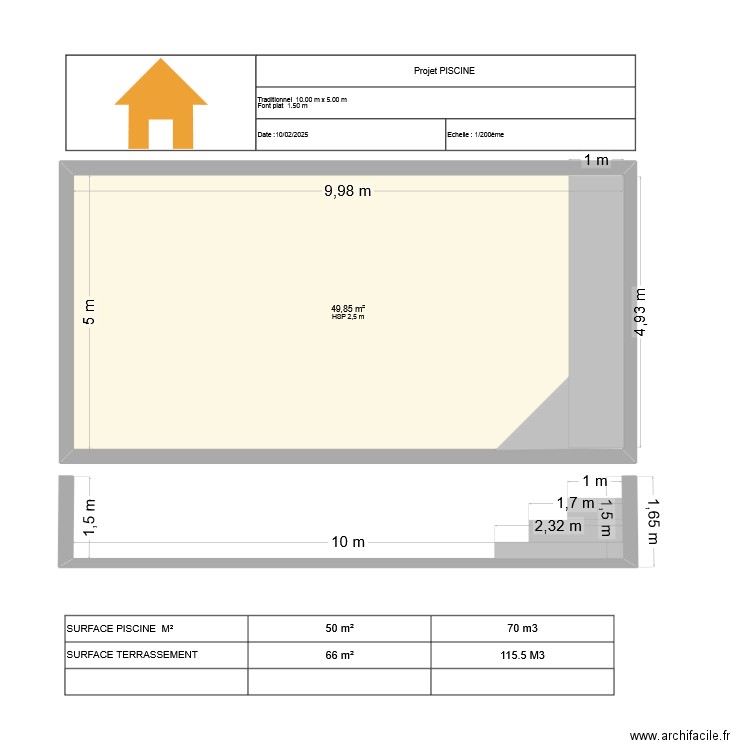 Plan en coupe piscine 10x5. Plan de 1 pièce et 50 m2