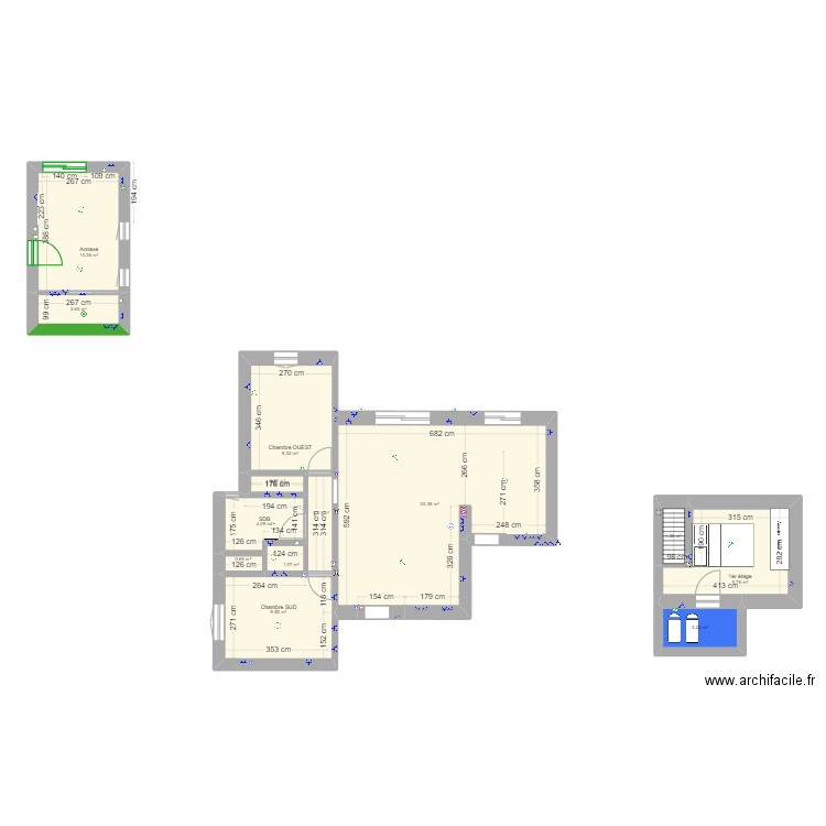 Maison PTZ existante. Plan de 13 pièces et 89 m2