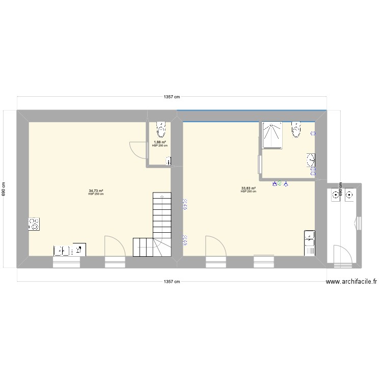 RDC1. Plan de 3 pièces et 70 m2