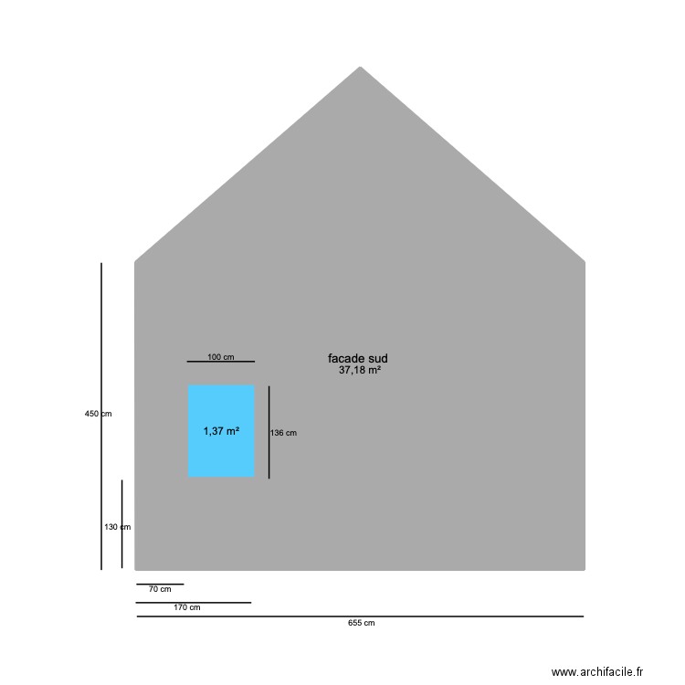 facade sud. Plan de 2 pièces et 40 m2