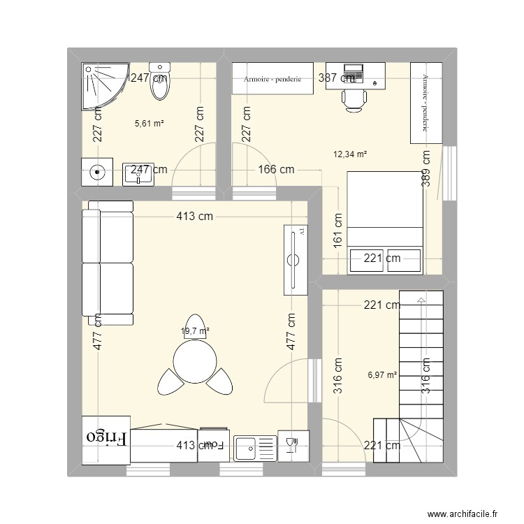 Apart 2. Plan de 4 pièces et 45 m2