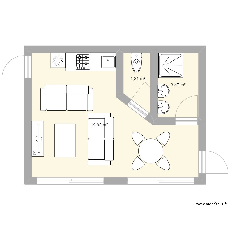 GITES. Plan de 3 pièces et 25 m2