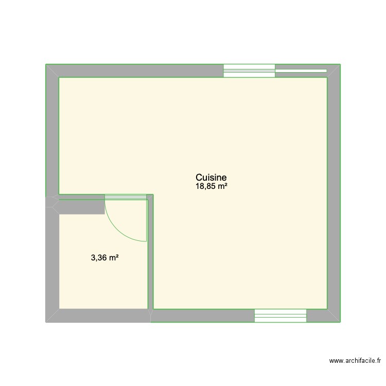 cuisine. Plan de 2 pièces et 22 m2