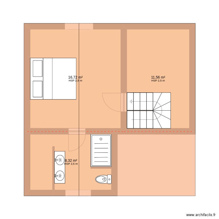 Etage. Plan de 3 pièces et 37 m2